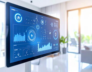 Digital Dashboard in Modern Interior: A close-up shot of a sleek digital dashboard displaying an array of data points and energy efficiency graphics in a modern, minimalist interior.