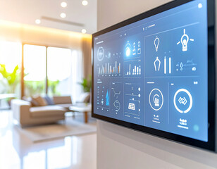 Smart Home Control Panel:  A sleek, modern smart home control panel displays an intuitive interface, managing lighting, temperature, and other home automation features.