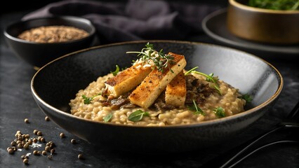 vegan high protein dish modern restaurant style dark mood concept A delicious bowl of risotto topped with crispy tofu and herbs, served in a black dish.