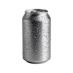 Close up of a cold aluminum beverage can covered in water droplets isolated on transparent background