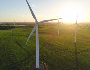 Wind Turbine Energy in Green Meadow: A picturesque scene showcasing wind turbines gracefully turning in a vast green field, bathed in the warm glow of a setting sun.