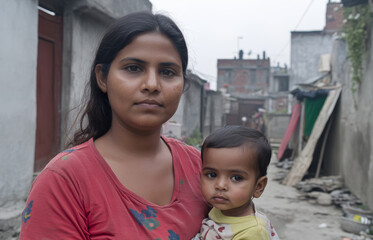 Mother holding infant child in a narrow alleyway, surrounded by urban buildings and debris, highlighting the challenges of family life in densely populated areas. World Population Day
