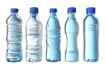 Transparent plastic water bottles with blue caps, various sizes showcasing practical beverage packaging isolated on white background