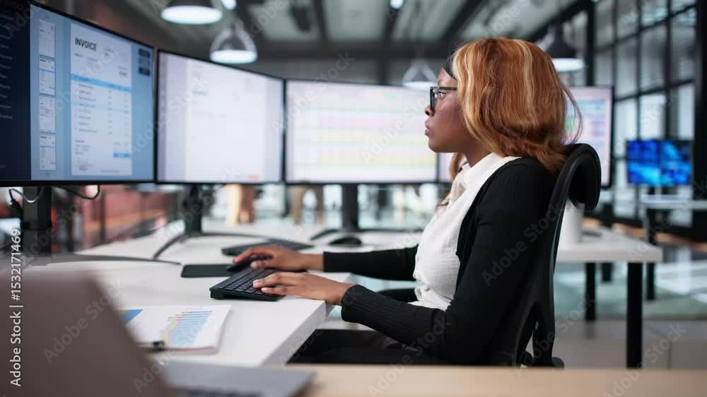 Poster woman using computer monitor showing business invoice screen