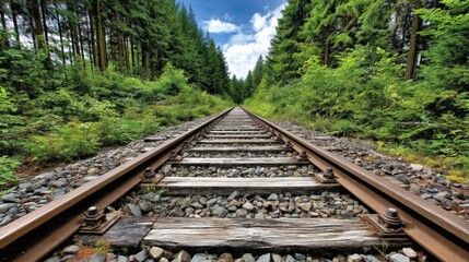 Fototapeta premium Railway tracks run through a lush green forest under a bright blue sky