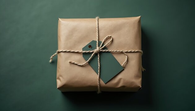 Brown paper gift wrapped with twine and green tag against dark green background