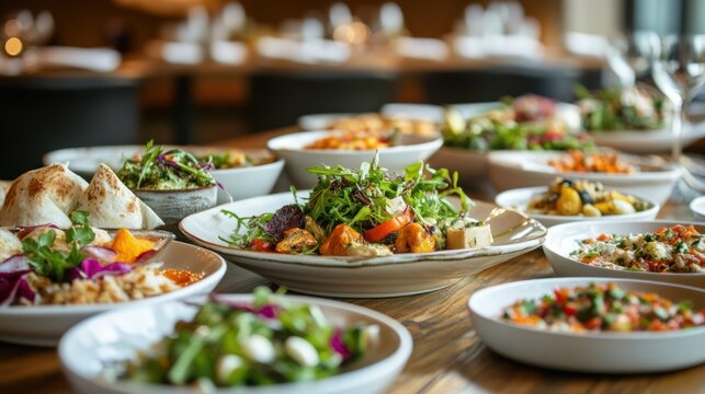 Array of diverse dishes on a restaurant table