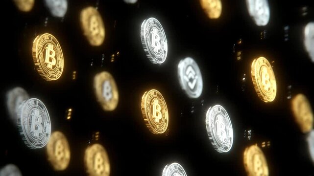 Looping animation of gold and silver Bitcoin coins spinning in 3D on black background. Ideal for crypto, finance, blockchain, and digital economy content.

