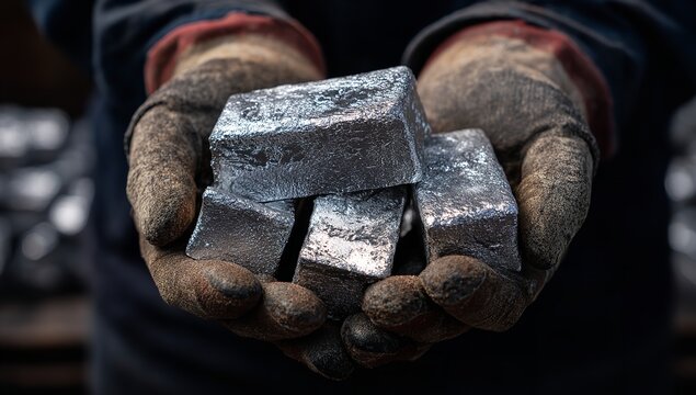 Closeup Industrial Worker Hands Holding Metal Ingots Shiny Silver Blocks Raw Material Foundry Manufacturing Process Heavy Industry Metalworking Steel Production - Powered by Adobe