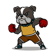 Bulldog mascot logo vector with aggressive stance in brown gear and red gloves, intimidating dog