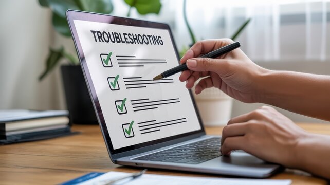 A person using a laptop to troubleshoot a problem.