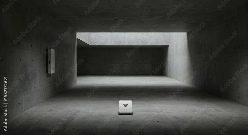 Poster device in empty concrete room broadcasting signal