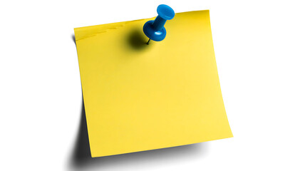Yellow sticky note with blue push pin attached on a white isolated background