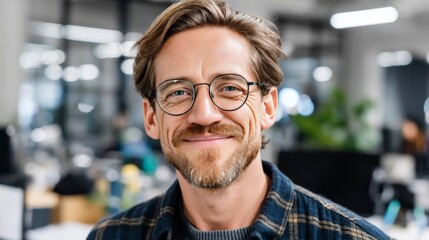 Fototapeta premium Smiling man with glasses and beard in a modern office environment