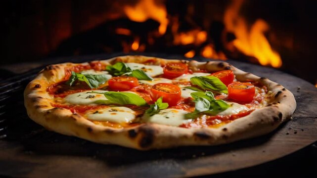 fired pizza with melting cheese and fresh basil