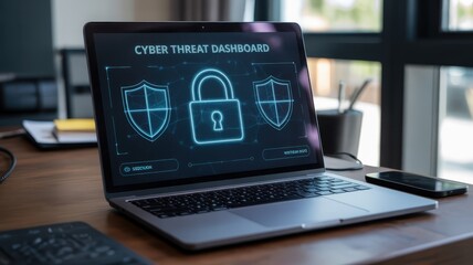 Laptop screen displaying a cyber threat dashboard.