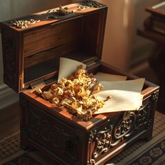 A rosewood box opened gently, revealing dried flowers and old letters.