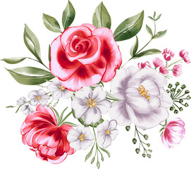 Watercolor Bouquet: Crimson Roses, White Peonies & Delicate Blooms