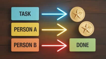 Workflow progress illustration showing task delegation and completion.