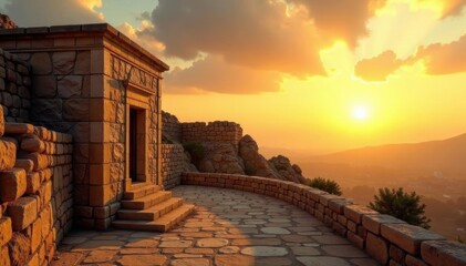 Golden sunrise illuminates ancient Tivissa stone buildings , Spain, light