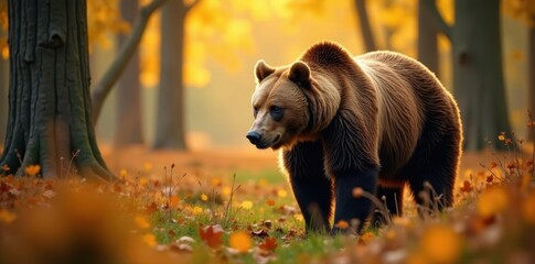 Large brown bear foraging in golden autumn woods, bear, bear habitat