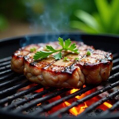 Juicy steak grilling over hot coals at a summer barbecue, celebration, delicious
