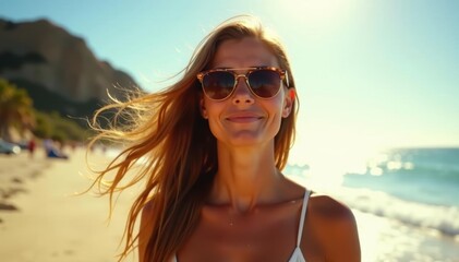 Long hair flows in breeze, sunglasses shielding eyes, sun-drenched scene, confident, free