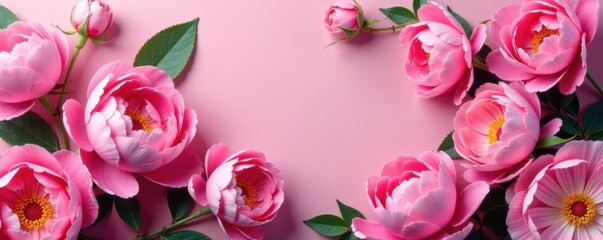 Luscious pink peonies & roses, abundant blooms Plenty of copy space , white space, summer