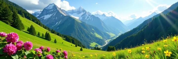 Lush green valley, snow-capped peaks, vibrant spring blossoms, Europe, serene