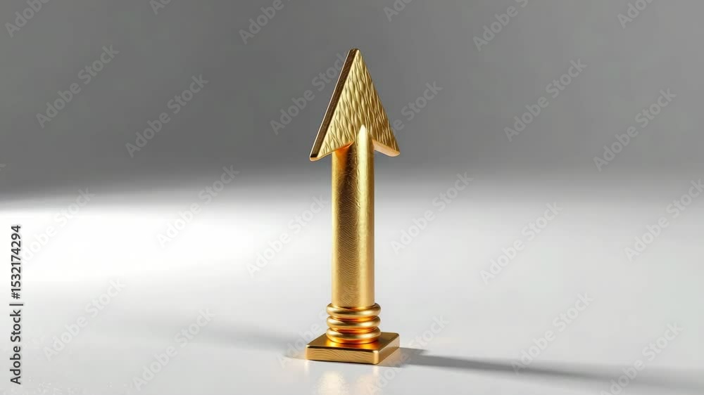 Aufkleber a golden upward-pointing arrow stands upright on a flat, reflective surface with a simple background