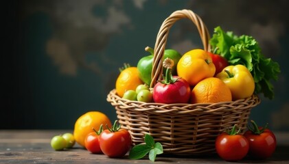 Overflowing basket bursting with diverse produce , diet, autumn