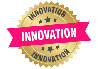 innovation. innovation round pink and gold label isolated on transparent background