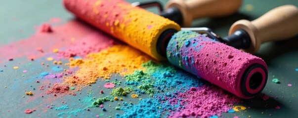Paint rollers beside various paint bucket colors , texture, exterior