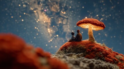 Fototapeta premium Enchanted evening with child and camping under glowing mushroom starry sky