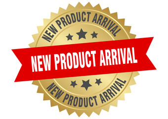 new product arrival. new product arrival round red and gold label isolated on transparent background