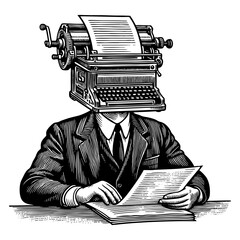 man in a suit with a typewriter for a head, symbolizing creativity or writing obsession sketch engraving generative ai fictional character PNG illustration. Scratch board. Black and white image.