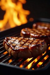 Perfectly seared steaks, intense grill flames, grill, dinner