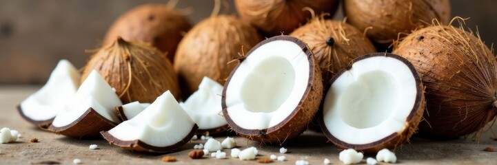 Pile of fresh coconut halves and slices, ready to use , tropical, halves
