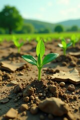 Parched land recovering with new plant growth, vibrant green shoots emerging, landscape transformation, climate change adaptation