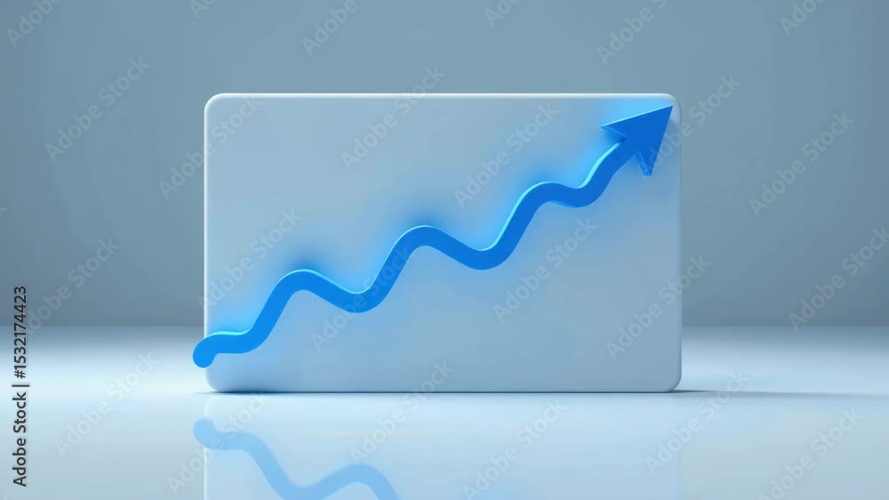 Poster a 3d blue arrow line graph rises upward on a rectangular board against a plain light background.