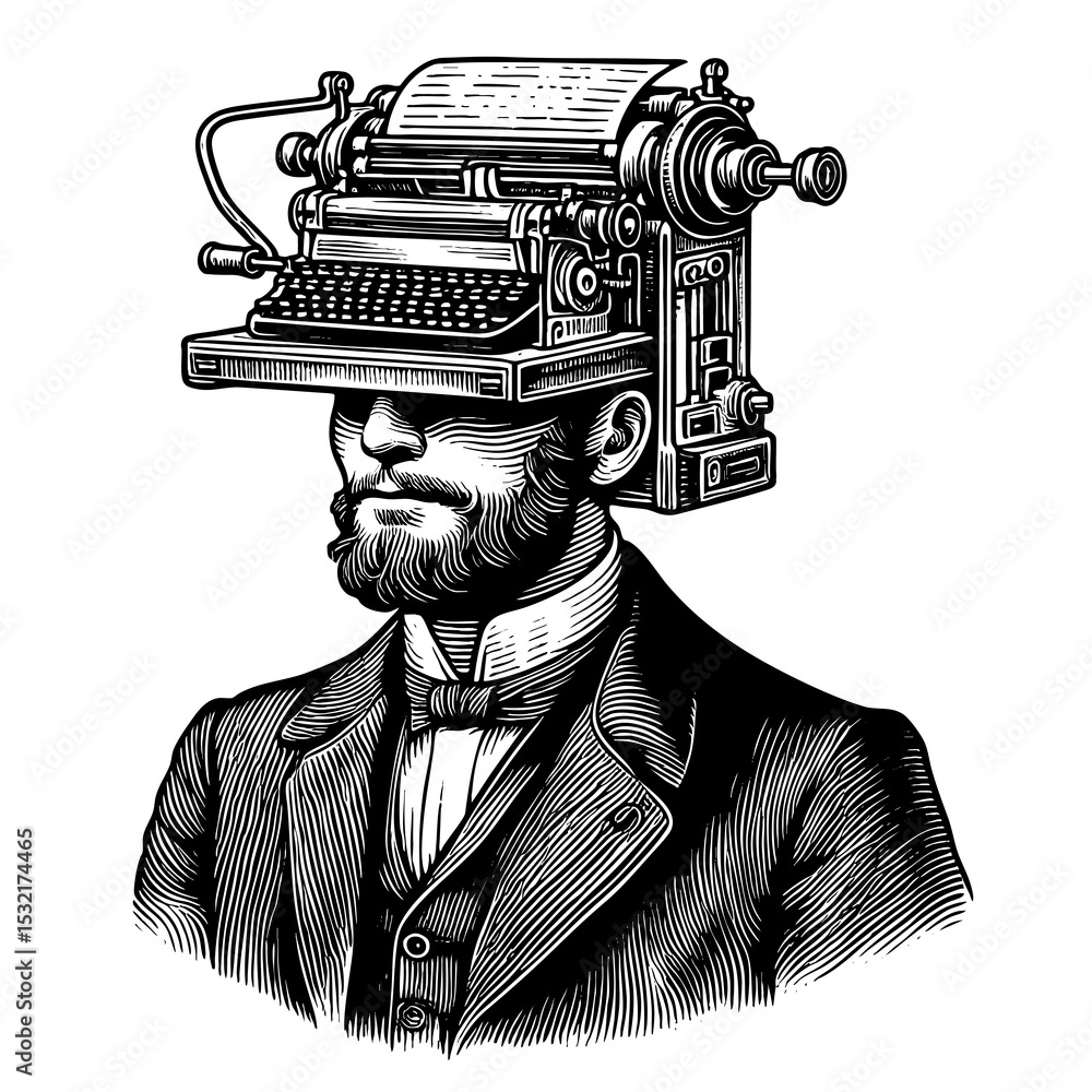 Poster man in a suit with a typewriter for a head, symbolizing creativity or writing obsession sketch engra
