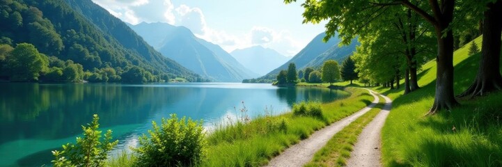 Quaint lakeside lane, lush greenery, stunning vista , lake, scenic