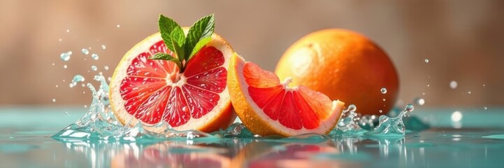 Refreshing grapefruit with mint, splashed water , vibrant, water splash