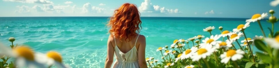 Redhead's curls in a chamomile sea, bright day, chamomile, curls