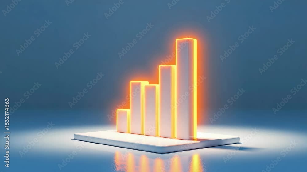 Poster a glowing 3d bar chart displays ascending columns on a reflective surface with a blue background.