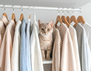 Cozy Cat Among Stylish Pastel Sweaters in a Modern Wardrobe