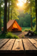Rustic wooden table against blurred campsite scene, mockup, graphic