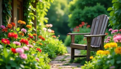 Rustic wooden chair in blooming cottage garden, path, nature