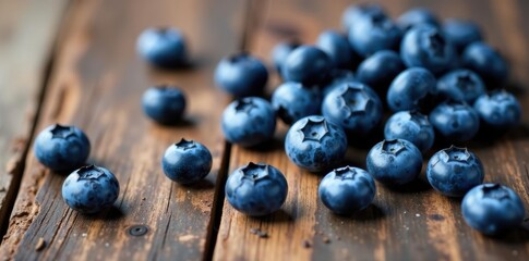 Scattered blueberries on rustic wood, natural light, surface, delicious