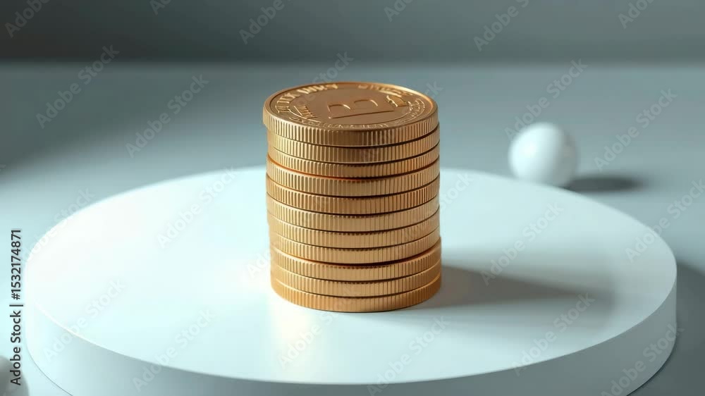 Poster a stack of shiny golden coins displayed on a white round platform in a minimalist setting.